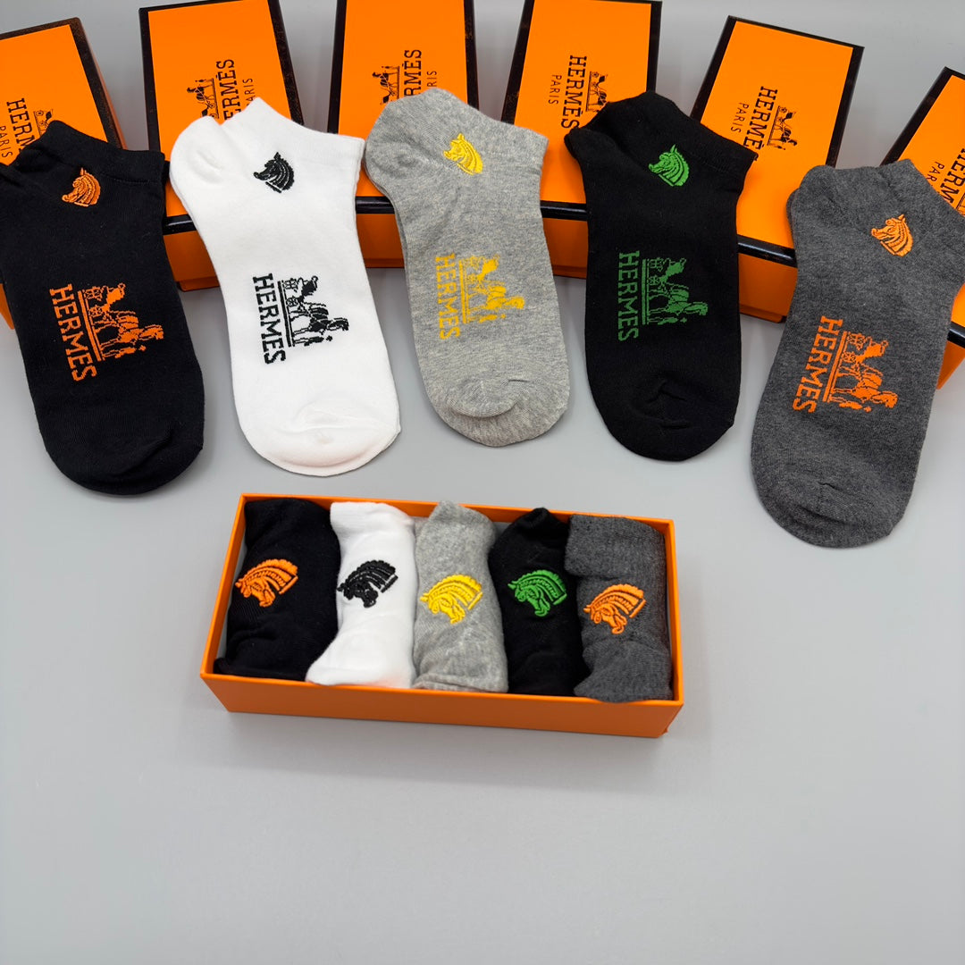Hermes Visible Colour, Cuff And Emblem Details No-Show Socks - 5-Pair Set