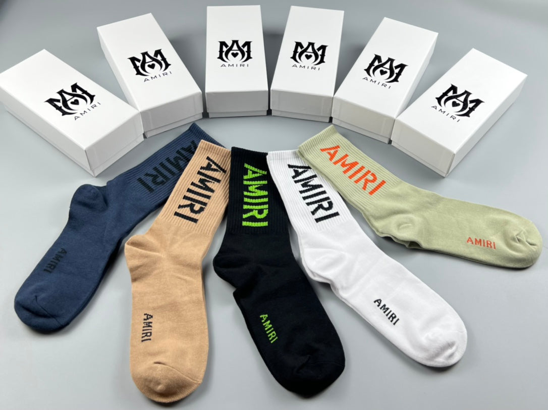 Amiri Crew Socks - Navy, Tan, Black, White and Green 5-Pair Box