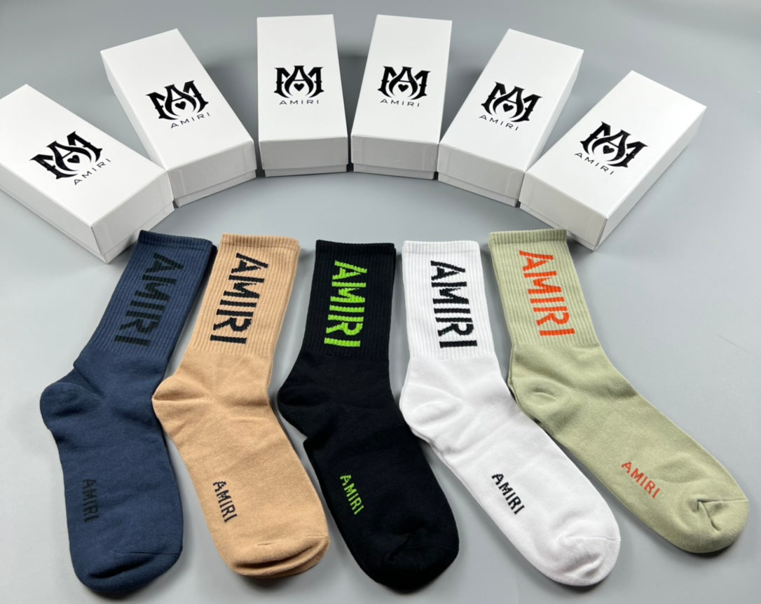 Amiri Crew Socks - Navy, Tan, Black, White and Green 5-Pair Box