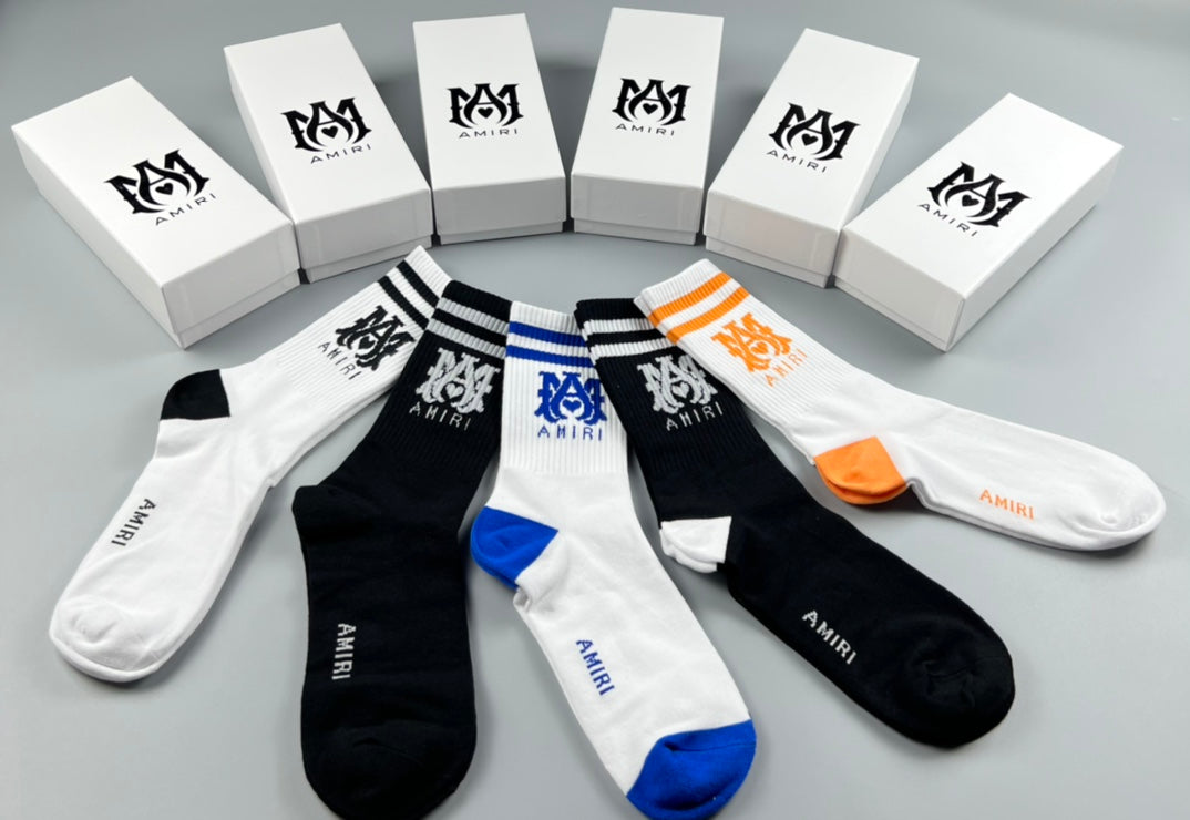 Amiri Crew Socks - White, Black, Blue and Orange 5-Pair Box