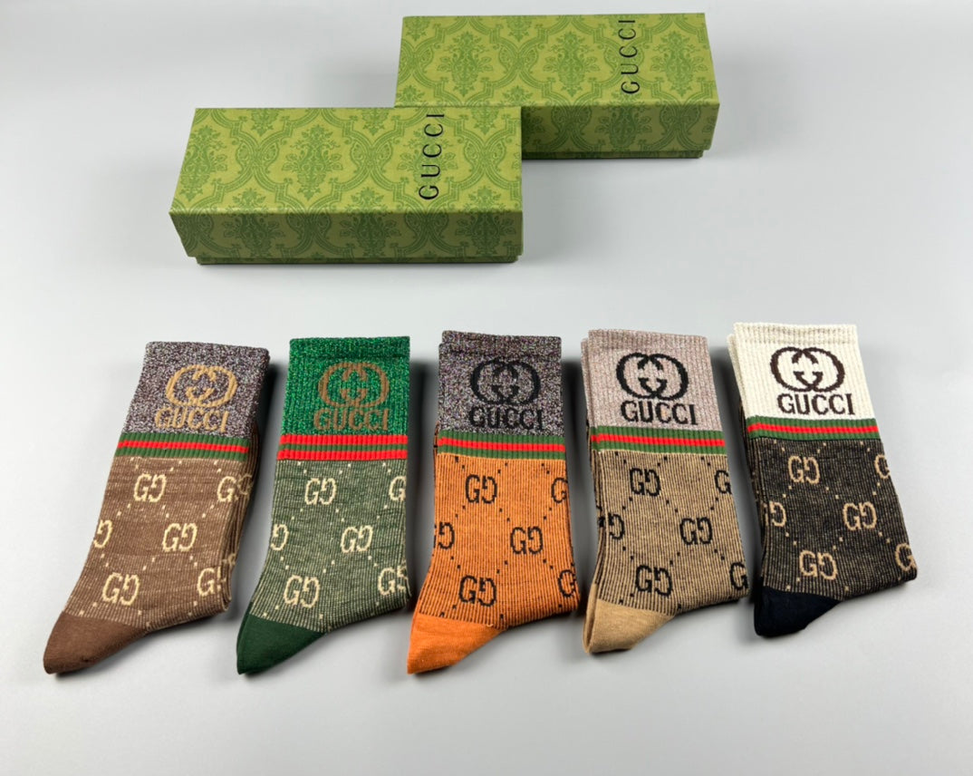 Gucci Monogram-Style Patterns Crew Socks - 5-Pair Set