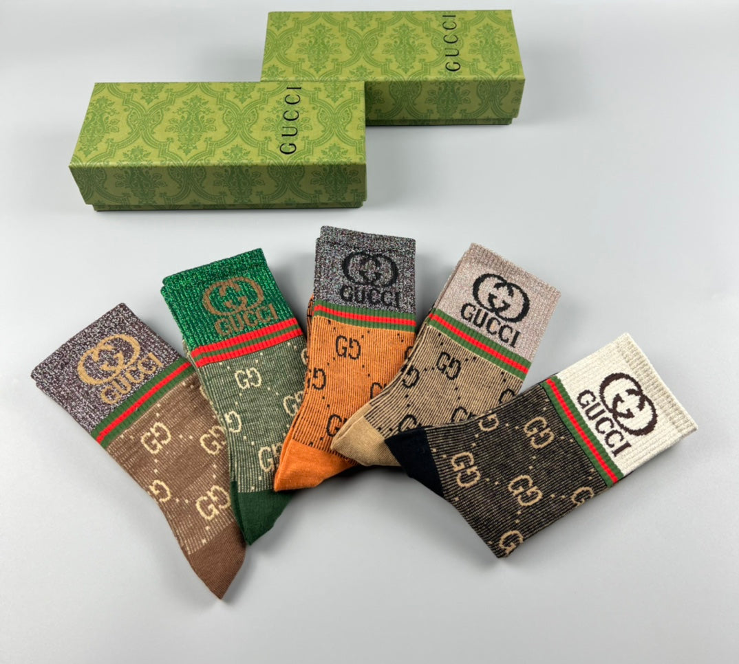 Gucci Monogram-Style Patterns Crew Socks - 5-Pair Set
