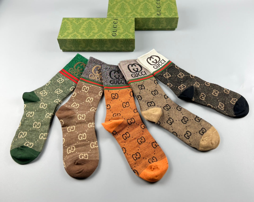 Gucci Monogram-Style Patterns Crew Socks - 5-Pair Set