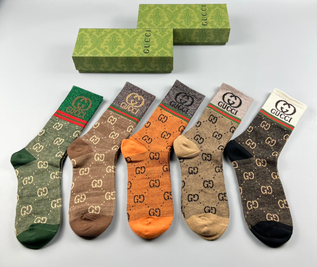 Gucci Gold-Thread Monogram Crew Socks - 5-Pair Box