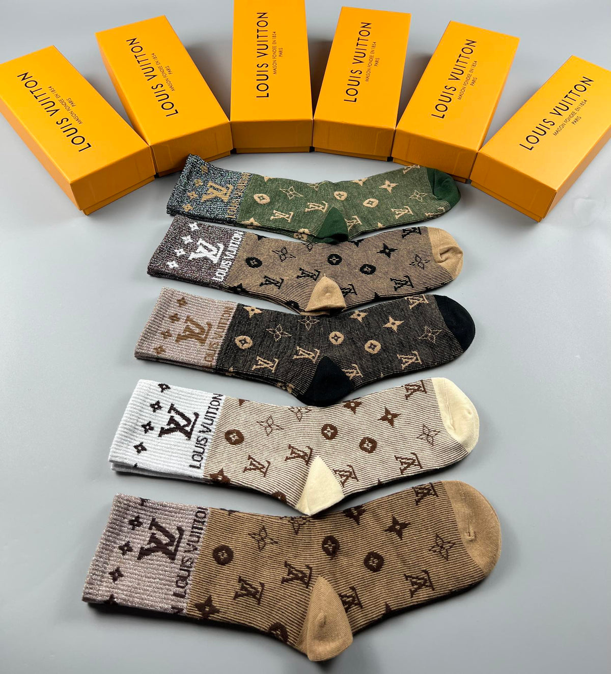 Louis Vuitton Earth-Tone Monogram Crew Crew Socks 5-Pair Box