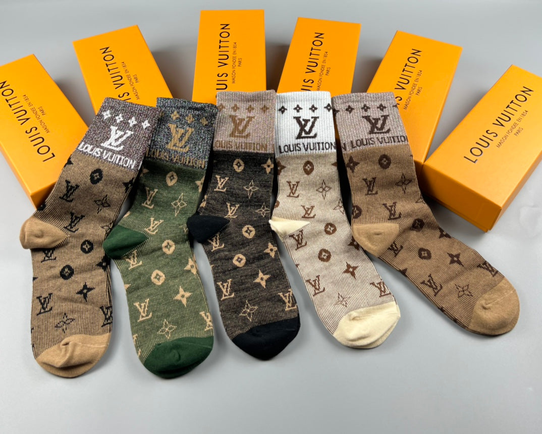 Louis Vuitton Earth-Tone Monogram Crew Crew Socks 5-Pair Box