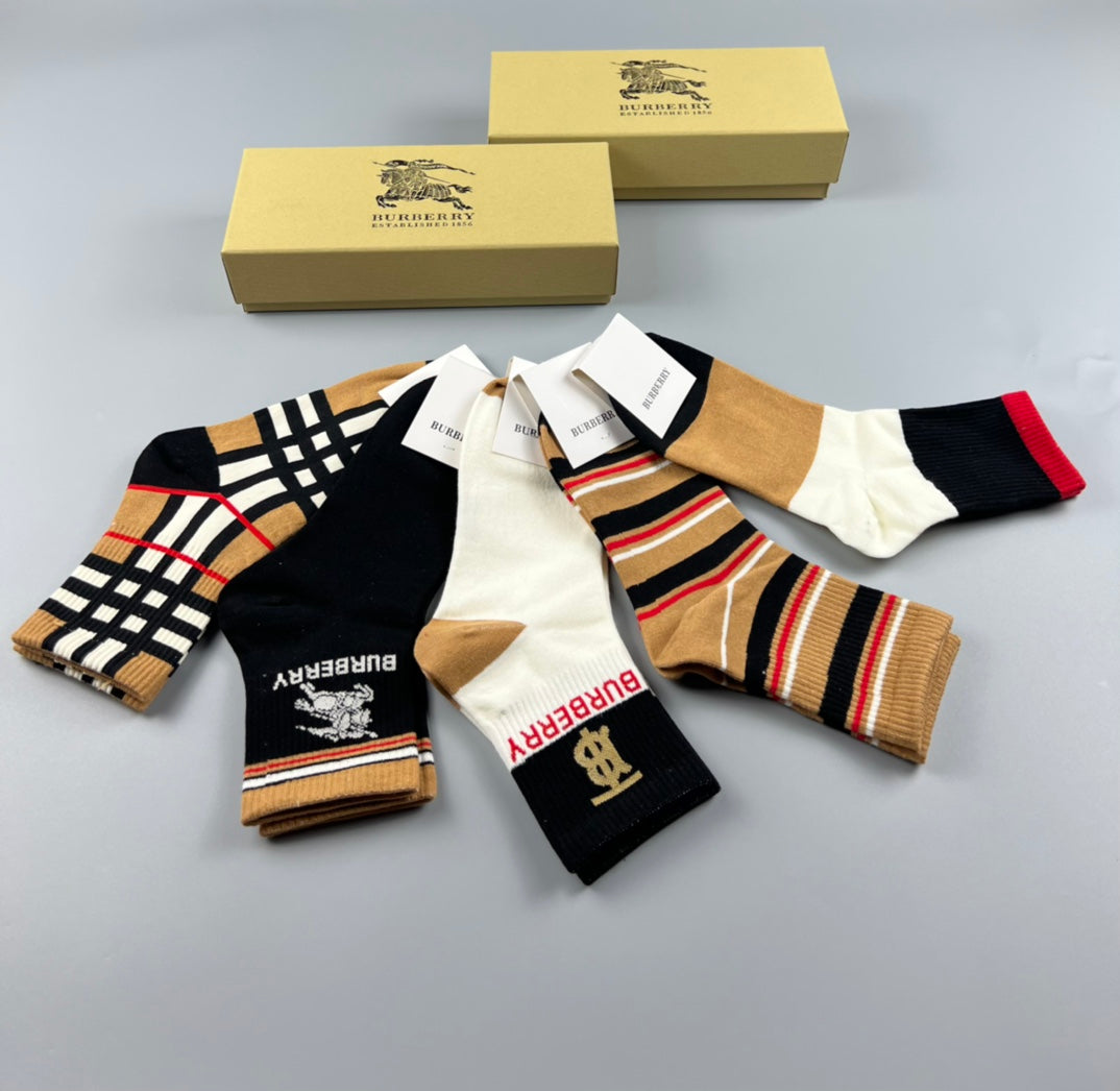 Burberry Check-Inspired Panels And Stripes Crew Socks - 5-Pair Set