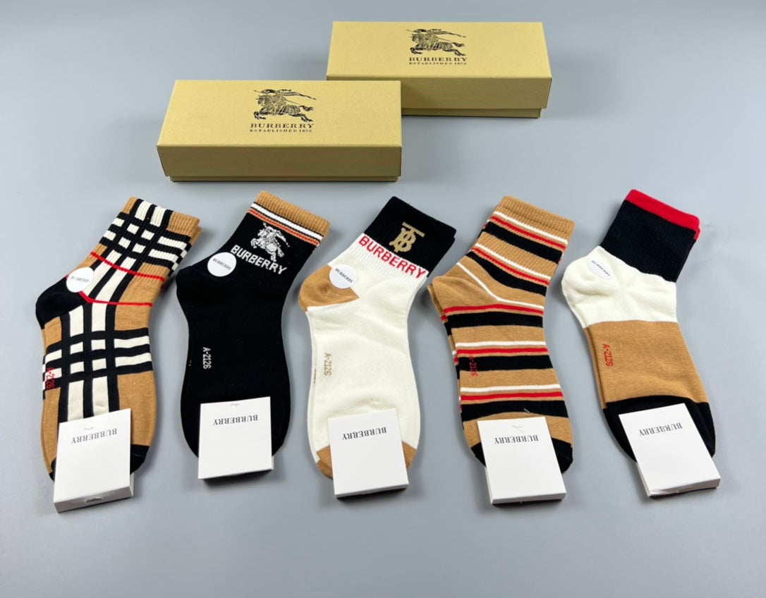 Burberry Crew Socks - Black, White, Tan and Striped 5-Pair Box