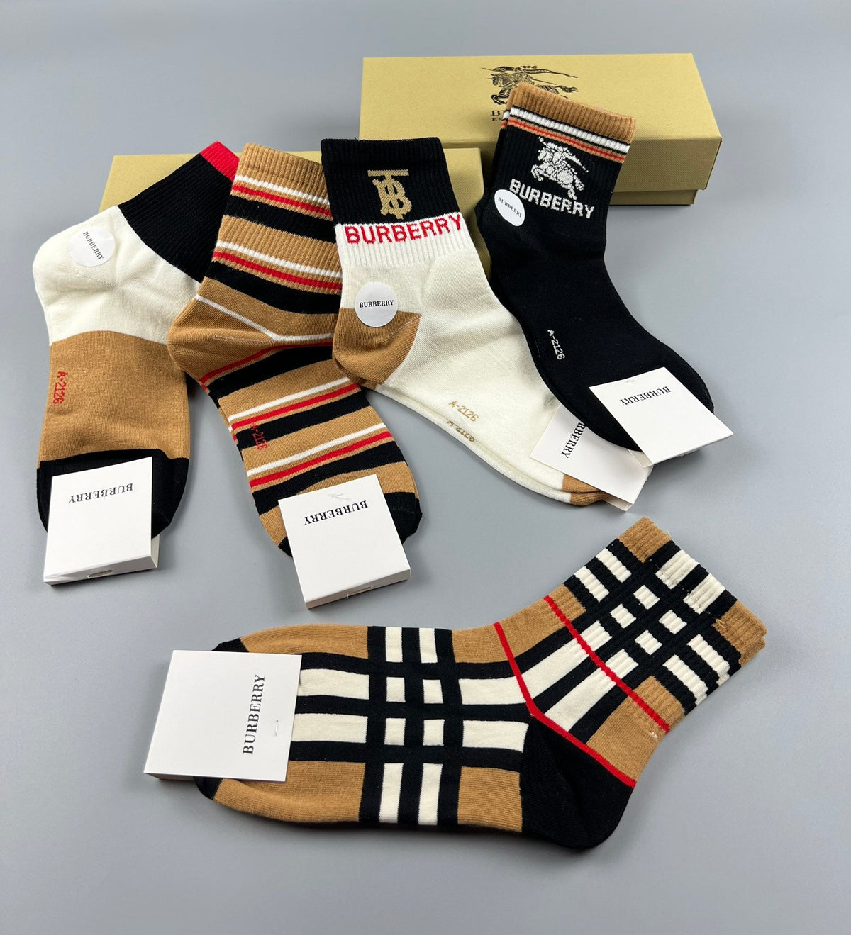 Burberry Check-Inspired Panels And Stripes Crew Socks - 5-Pair Set