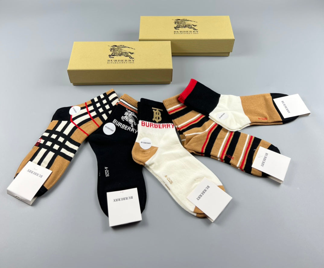 Burberry Crew Socks - Black, White, Tan and Striped 5-Pair Box