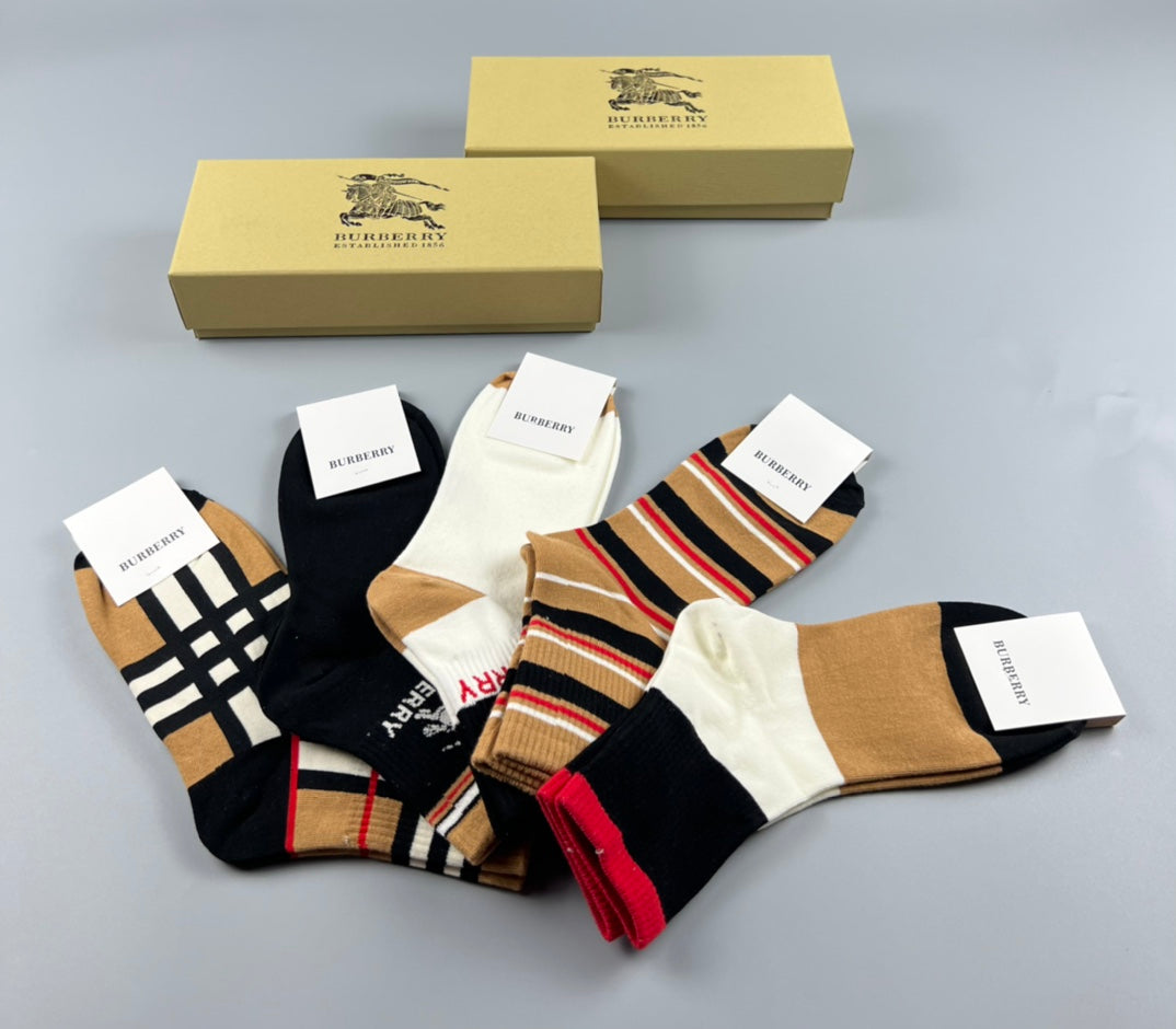 Burberry Crew Socks - Black, White, Tan and Striped 5-Pair Box