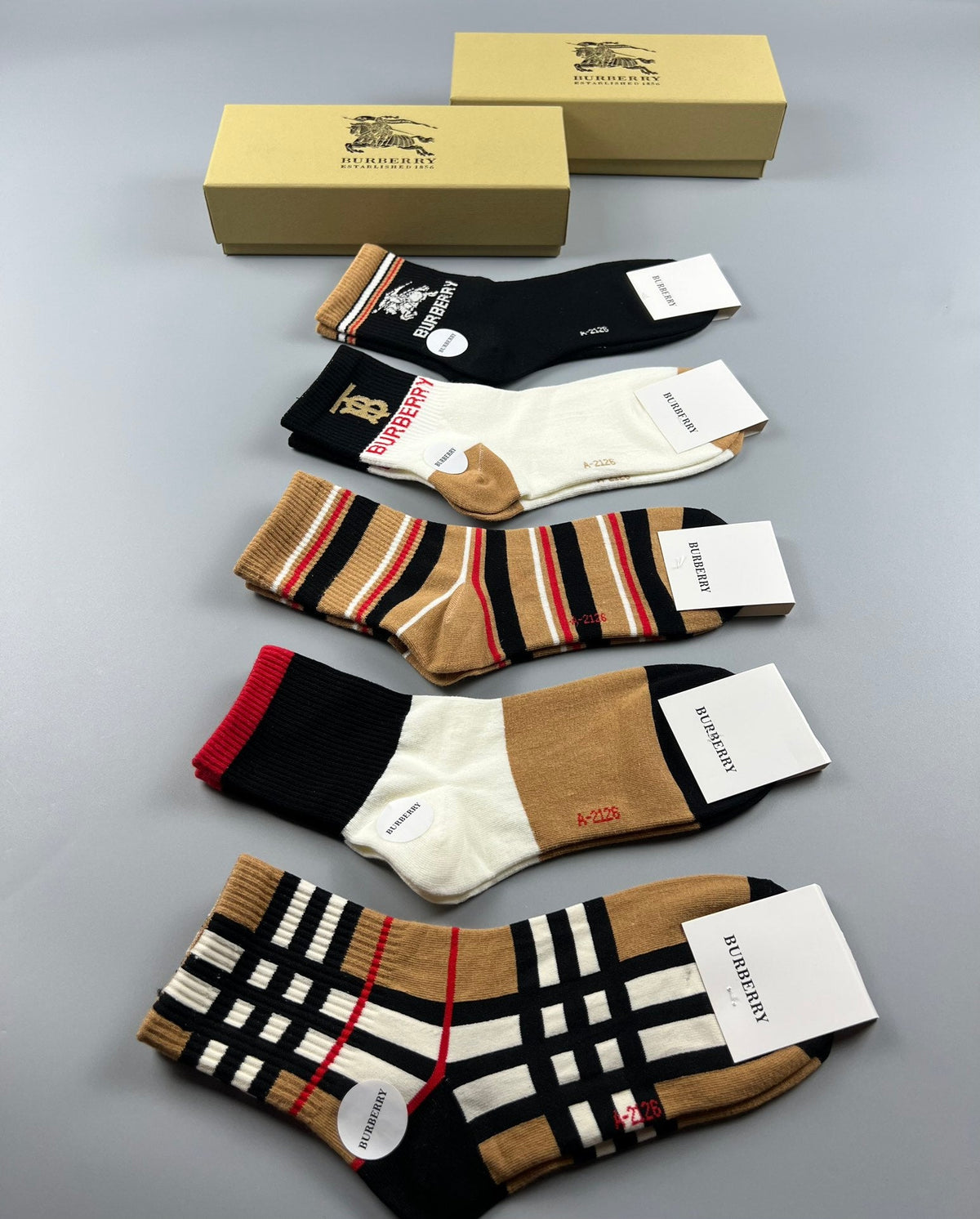 Burberry Check-Inspired Panels And Stripes Crew Socks - 5-Pair Set