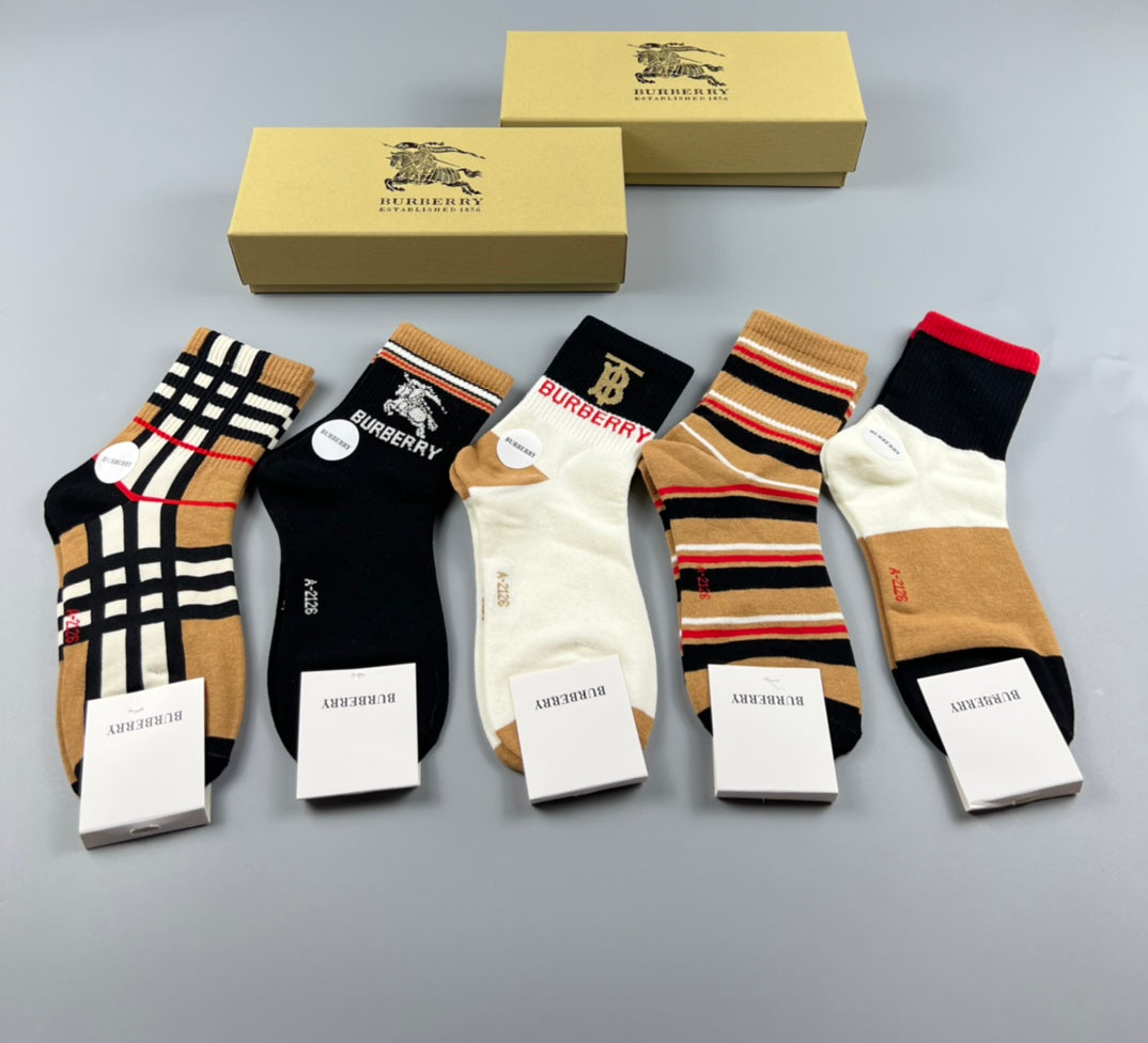 Burberry Crew Socks - Black, White, Tan and Striped 5-Pair Box