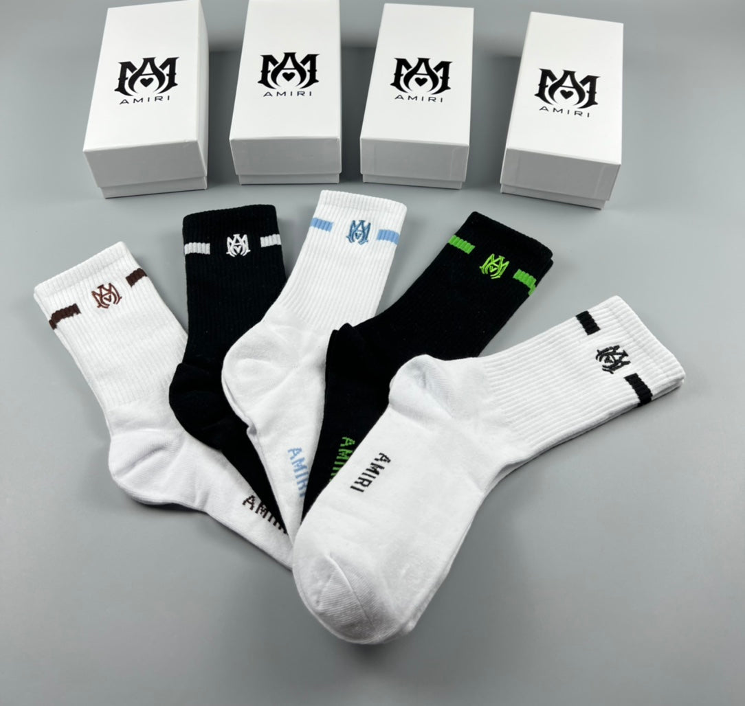 Amiri Crew Socks - White, Black and Green 5-Pair Box