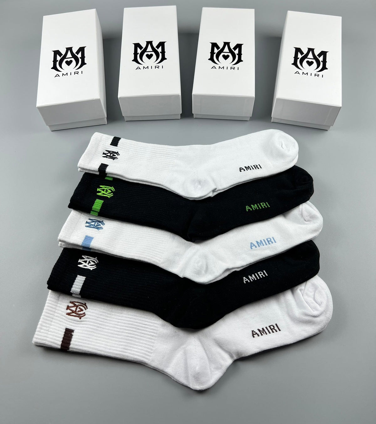 Amiri Crew Socks - White, Black and Green 5-Pair Box