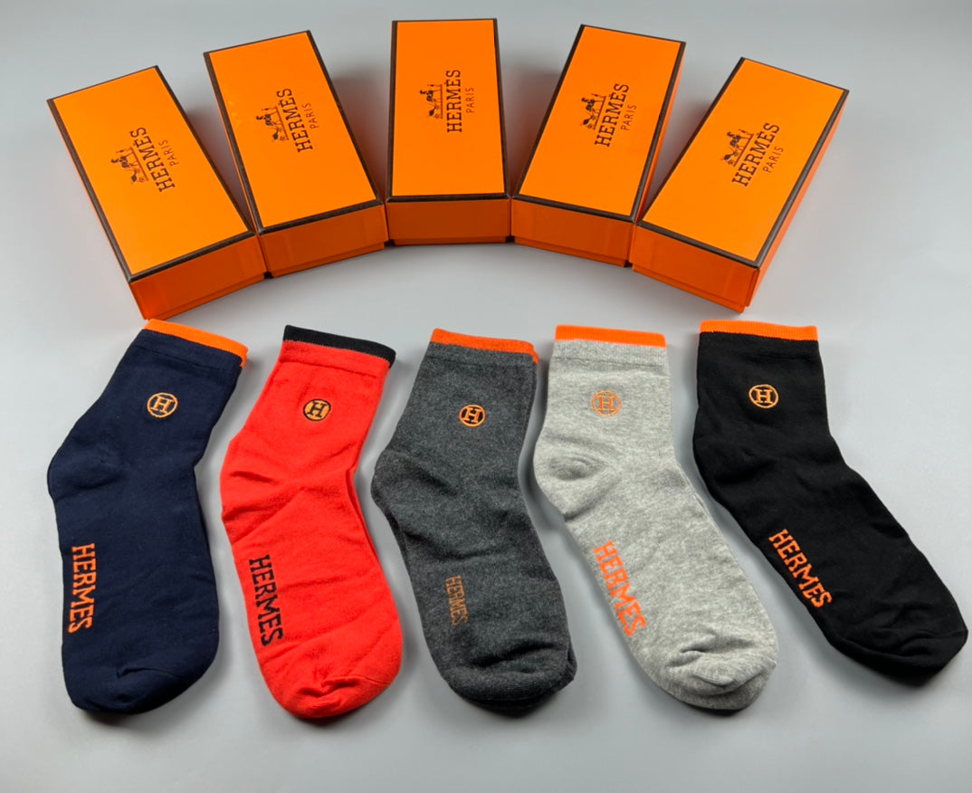Hermes Contrast Wordmarks Crew Socks - 5-Pair Set