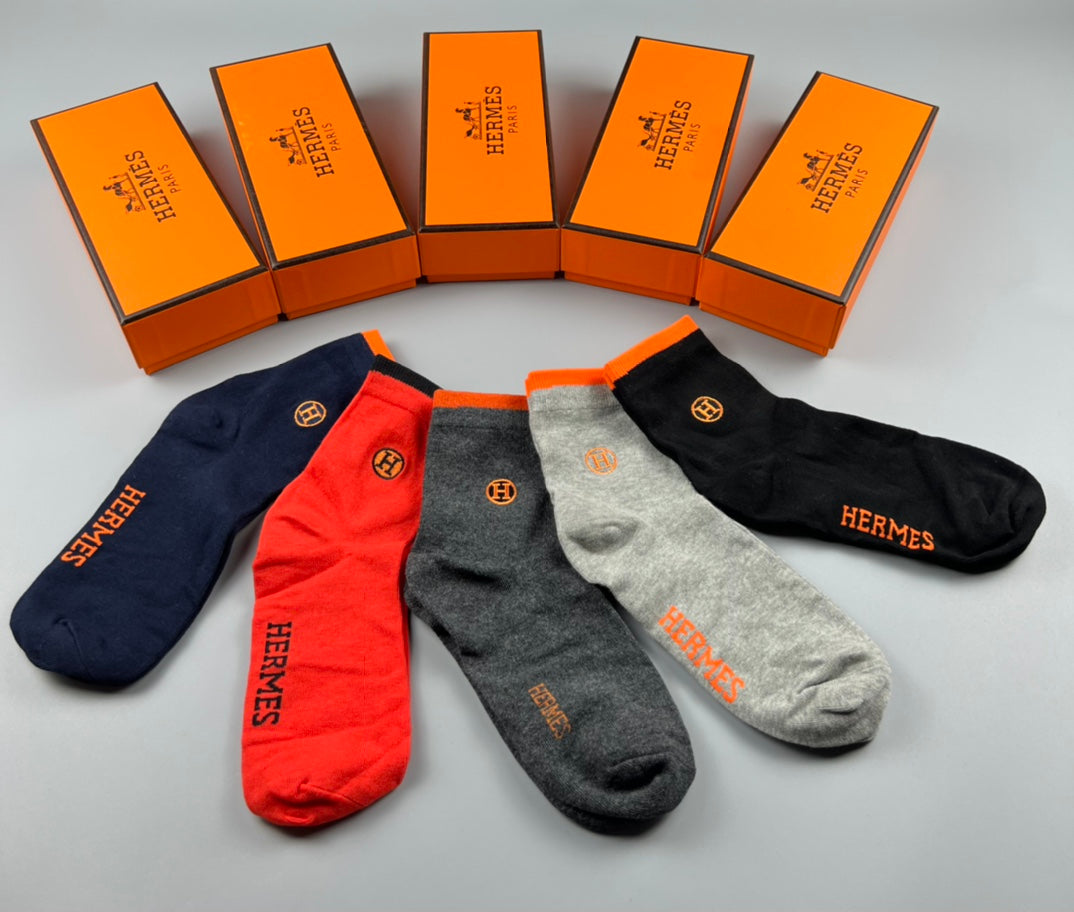 Hermes Cotton Horse And Wordmark Details Crew Socks - 5-Pair Set