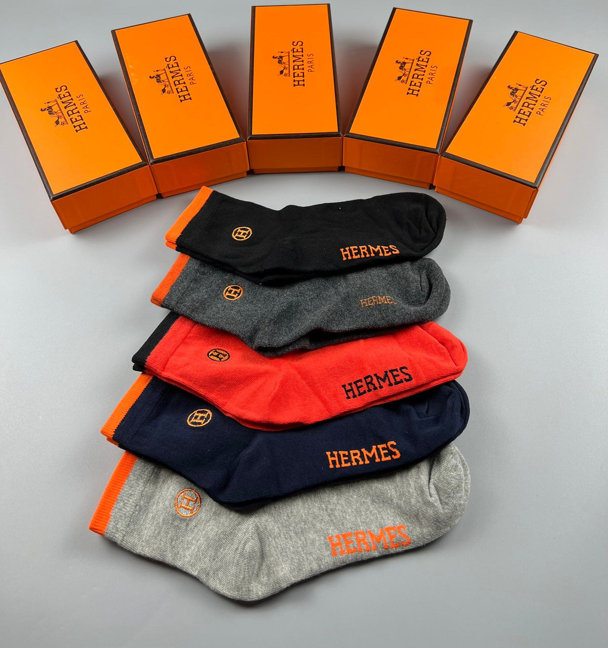 Hermes Cotton Visible Cuff, Colour And Emblem Details Crew Socks - 5-Pair Set