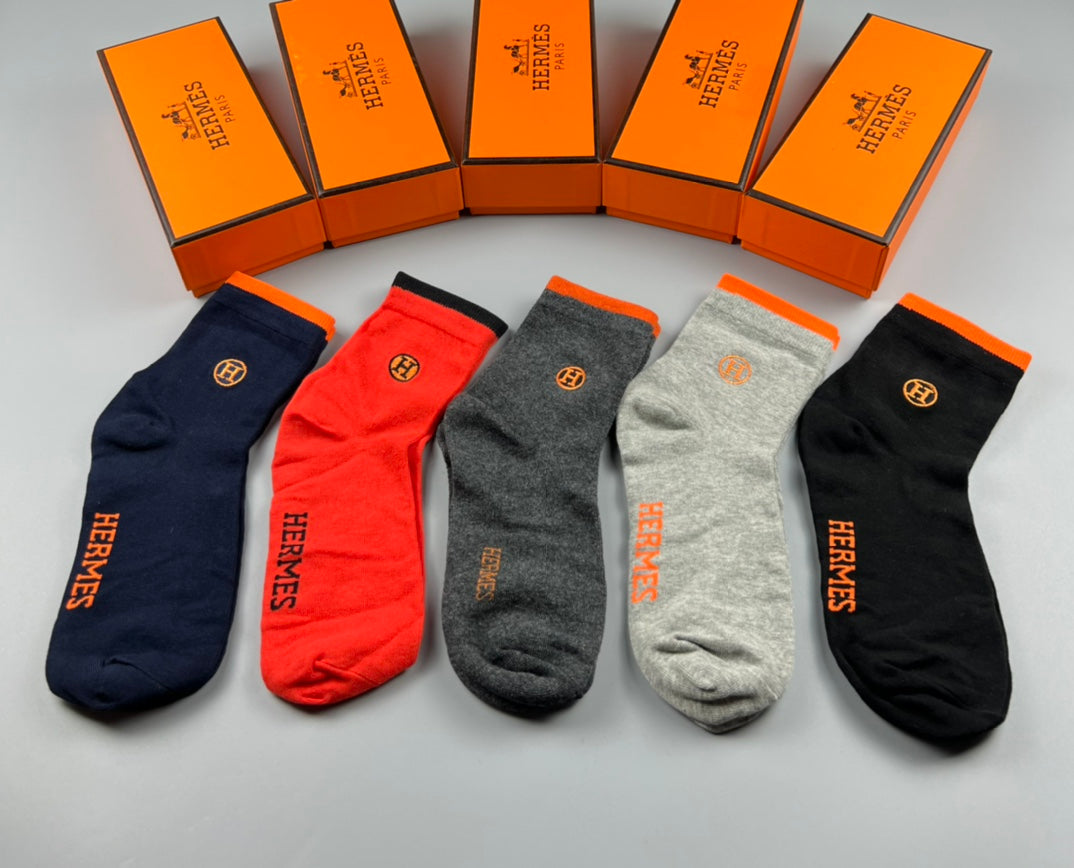 Hermes Cotton Visible Cuff, Colour And Emblem Details Crew Socks - 5-Pair Set