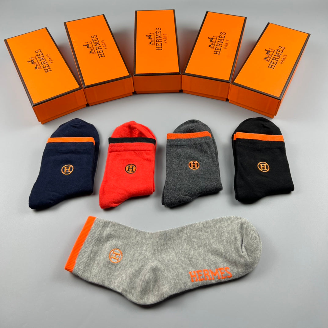 Hermes Cotton Visible Cuff, Colour And Emblem Details Crew Socks - 5-Pair Set