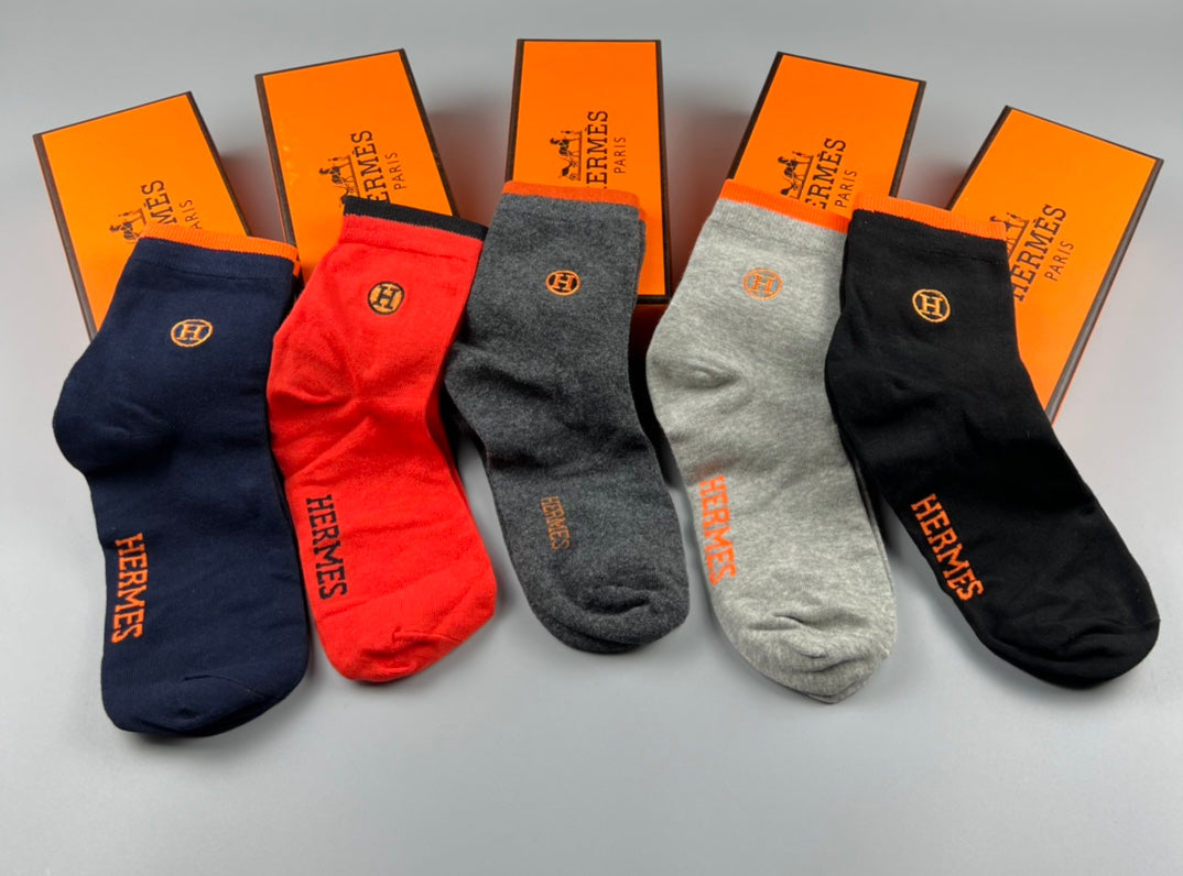 Hermes Contrast Wordmarks Crew Socks - 5-Pair Set
