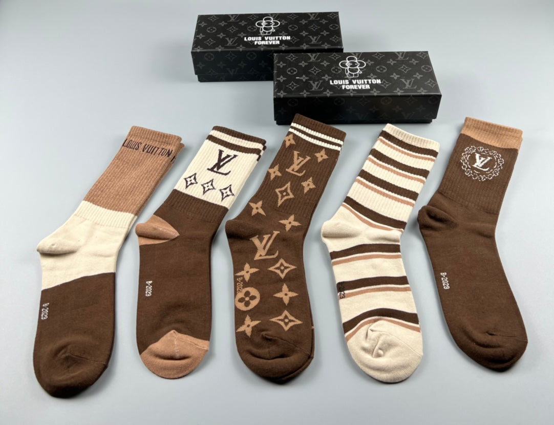 Louis Vuitton Cotton Crew Socks - Brown and Cream 5-Pair Box