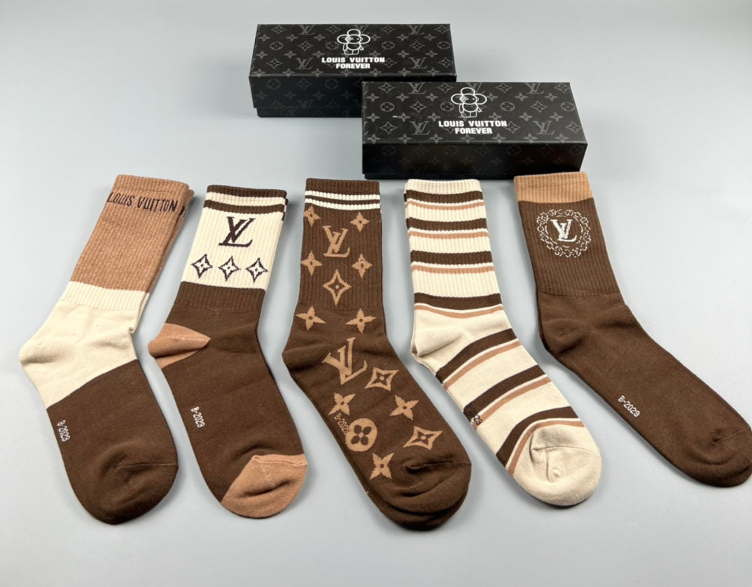 Louis Vuitton Stripes And Monogram-Style Motifs Crew Socks - 5-Pair Set