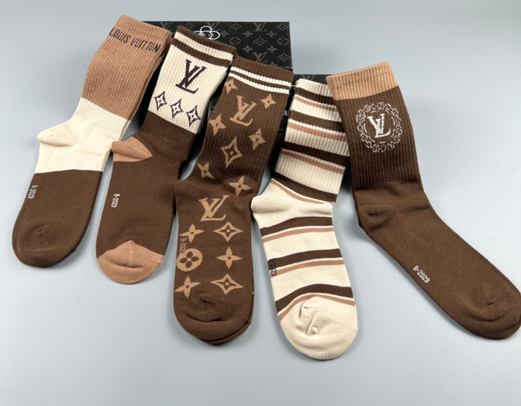 Louis Vuitton Cotton Crew Socks - Brown and Cream 5-Pair Box