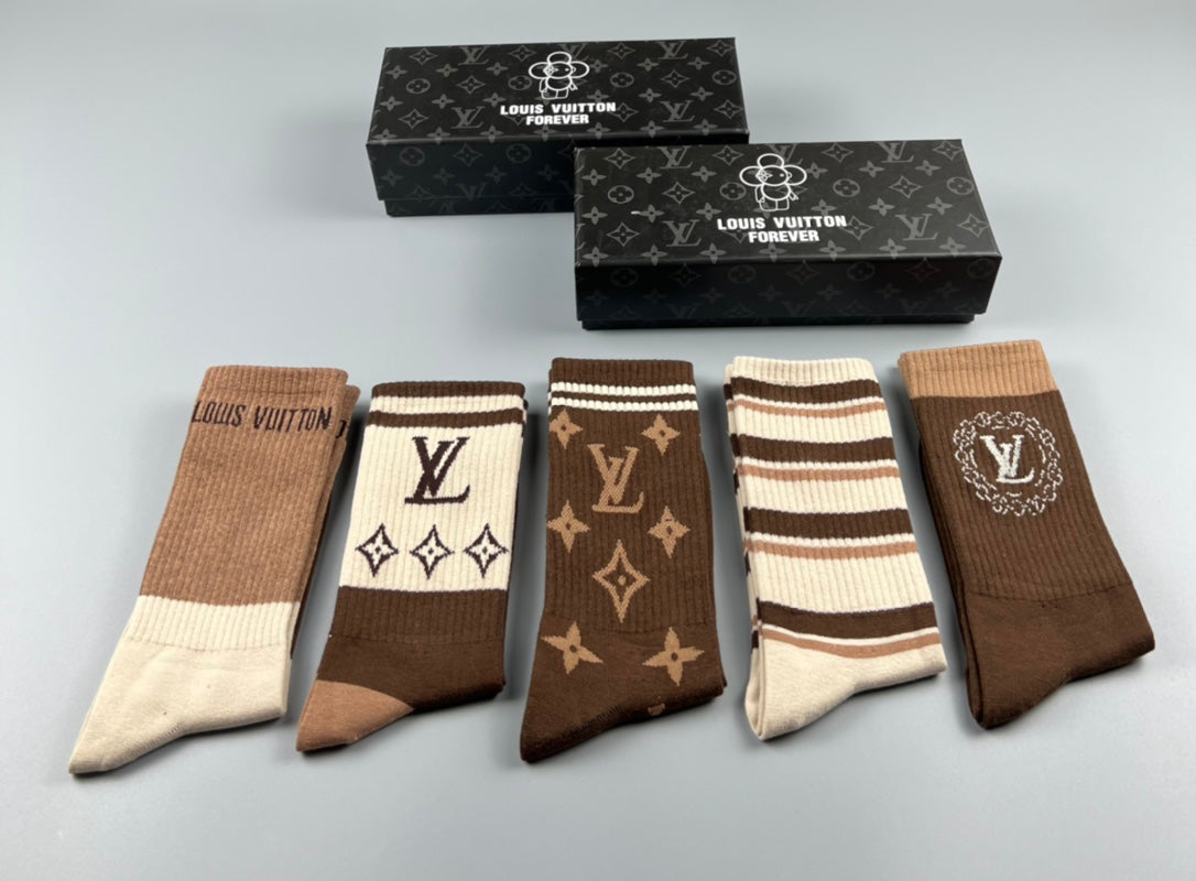 Louis Vuitton Stripes And Monogram-Style Motifs Crew Socks - 5-Pair Set