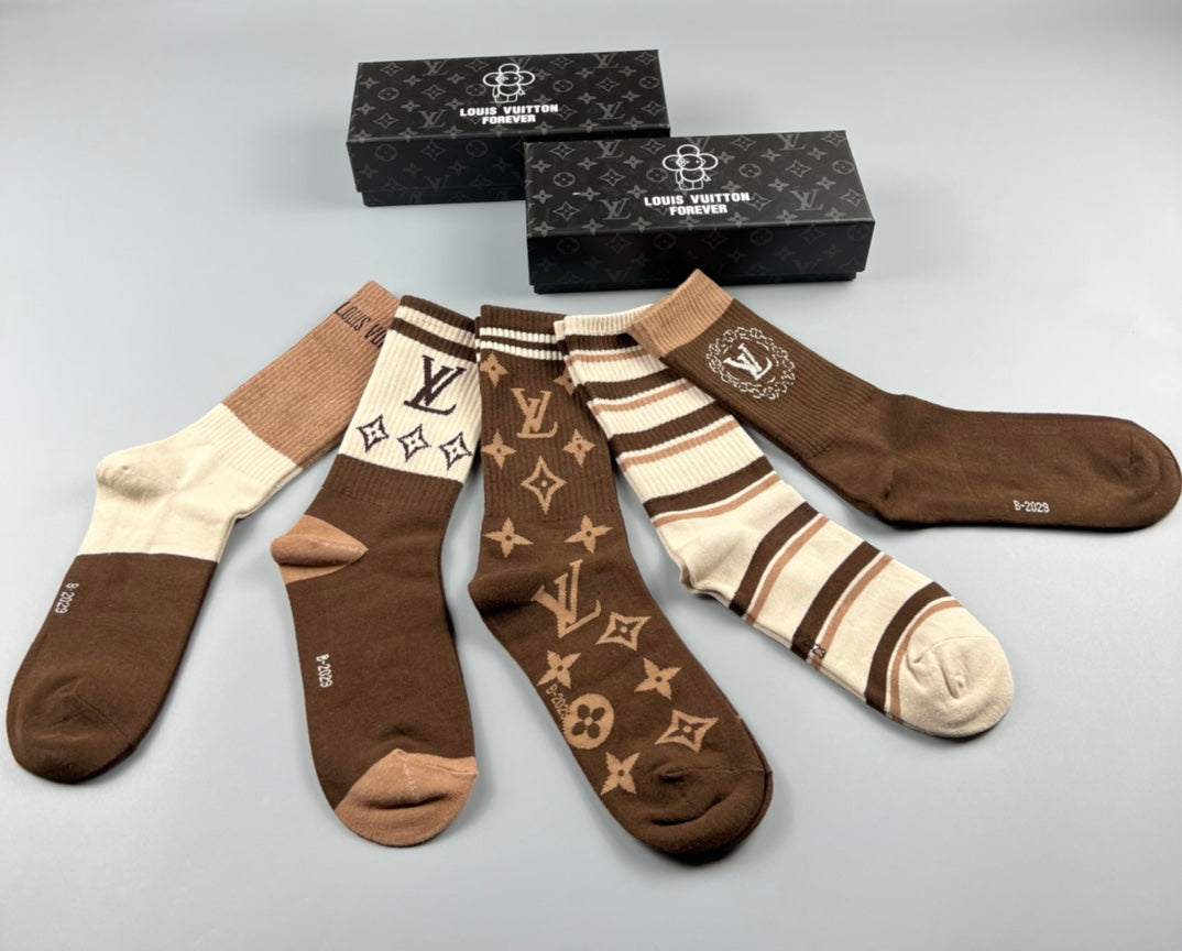 Louis Vuitton Cotton Crew Socks - Brown and Cream 5-Pair Box