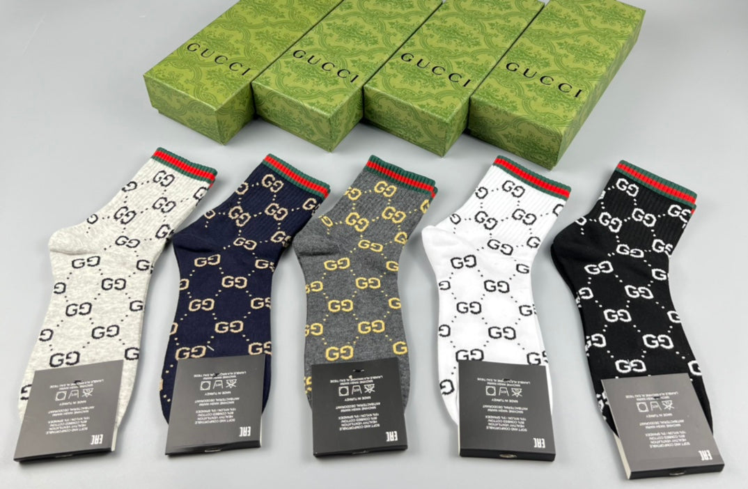 Gucci Monogram-Style Patterns And Stripe Details Crew Socks - 5-Pair Set