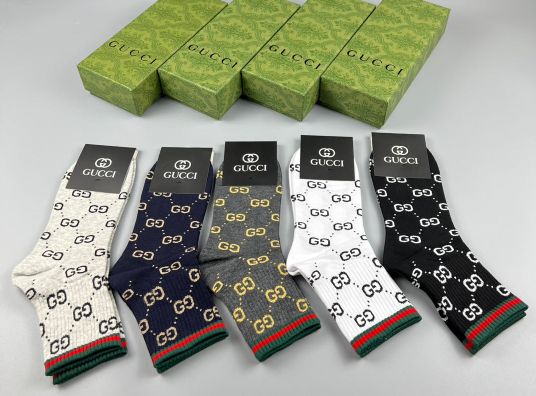 Gucci Monogram-Style Patterns And Stripe Details Crew Socks - 5-Pair Set