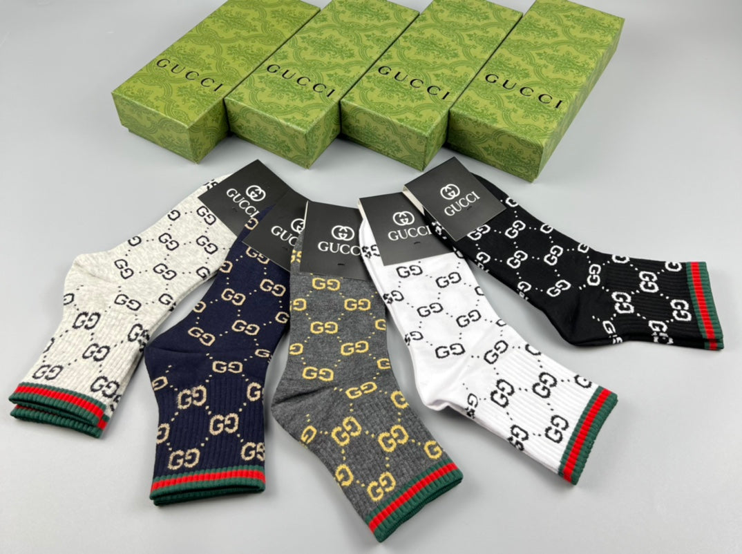 Gucci Monogram-Style Patterns And Stripe Details Crew Socks - 5-Pair Set