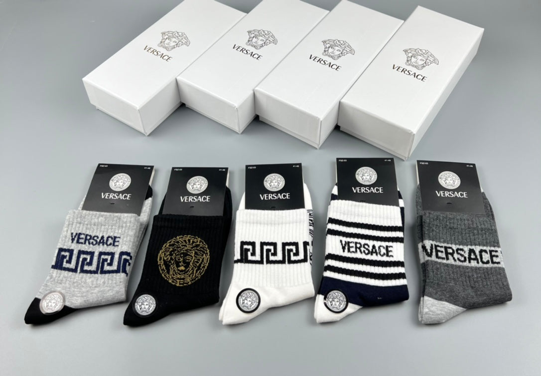 Versace Cotton blend Visible Cuff, Colour And Emblem Details Crew Socks - 5-Pair Set