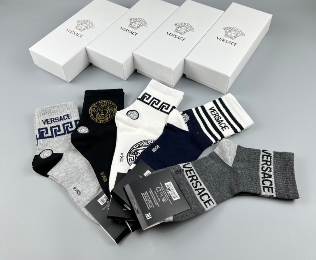 Versace Cotton blend Visible Cuff, Colour And Emblem Details Crew Socks - 5-Pair Set