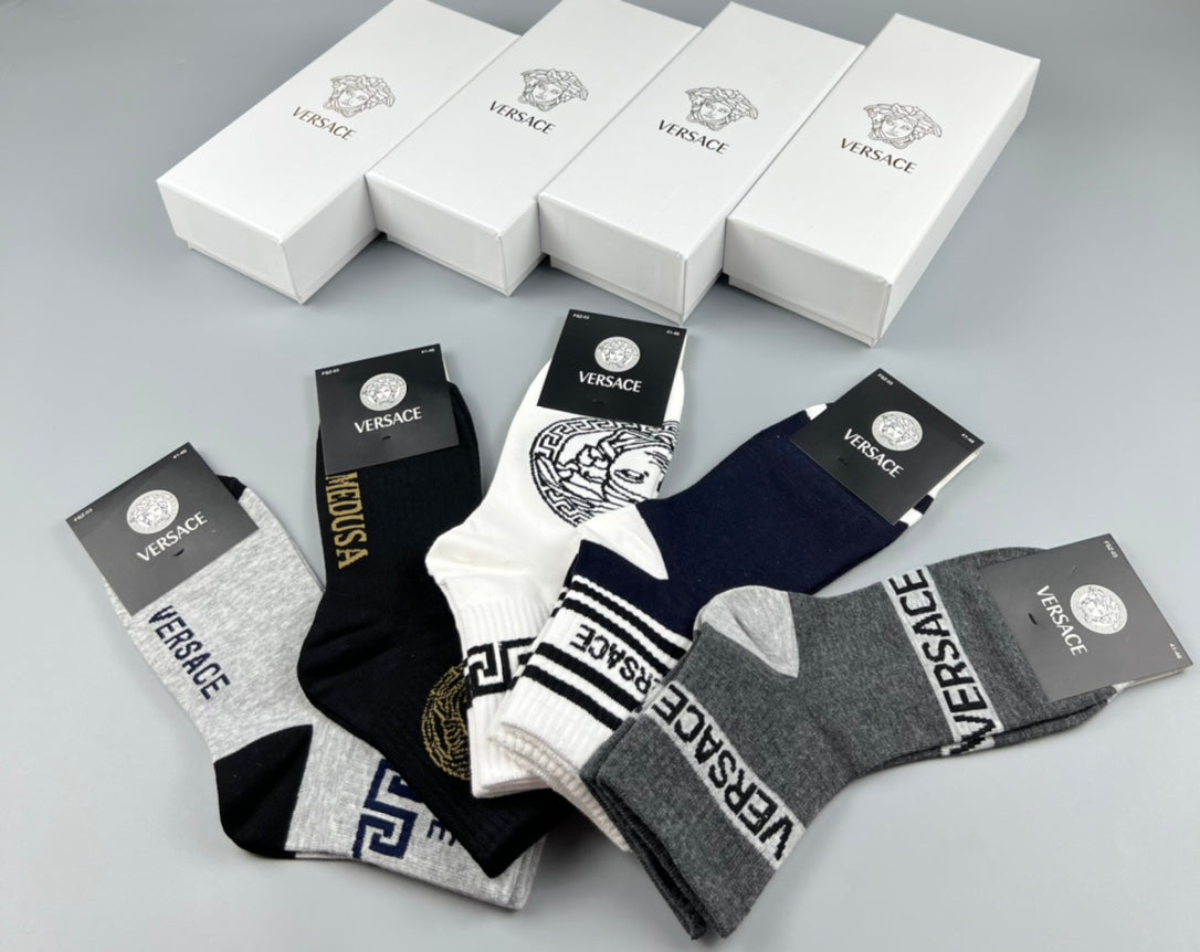 Versace Cotton blend Visible Cuff, Colour And Emblem Details Crew Socks - 5-Pair Set