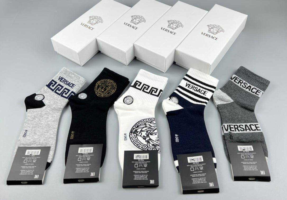 Versace Mixed Greek-Key And Medallion Graphics Crew Socks - 5-Pair Set