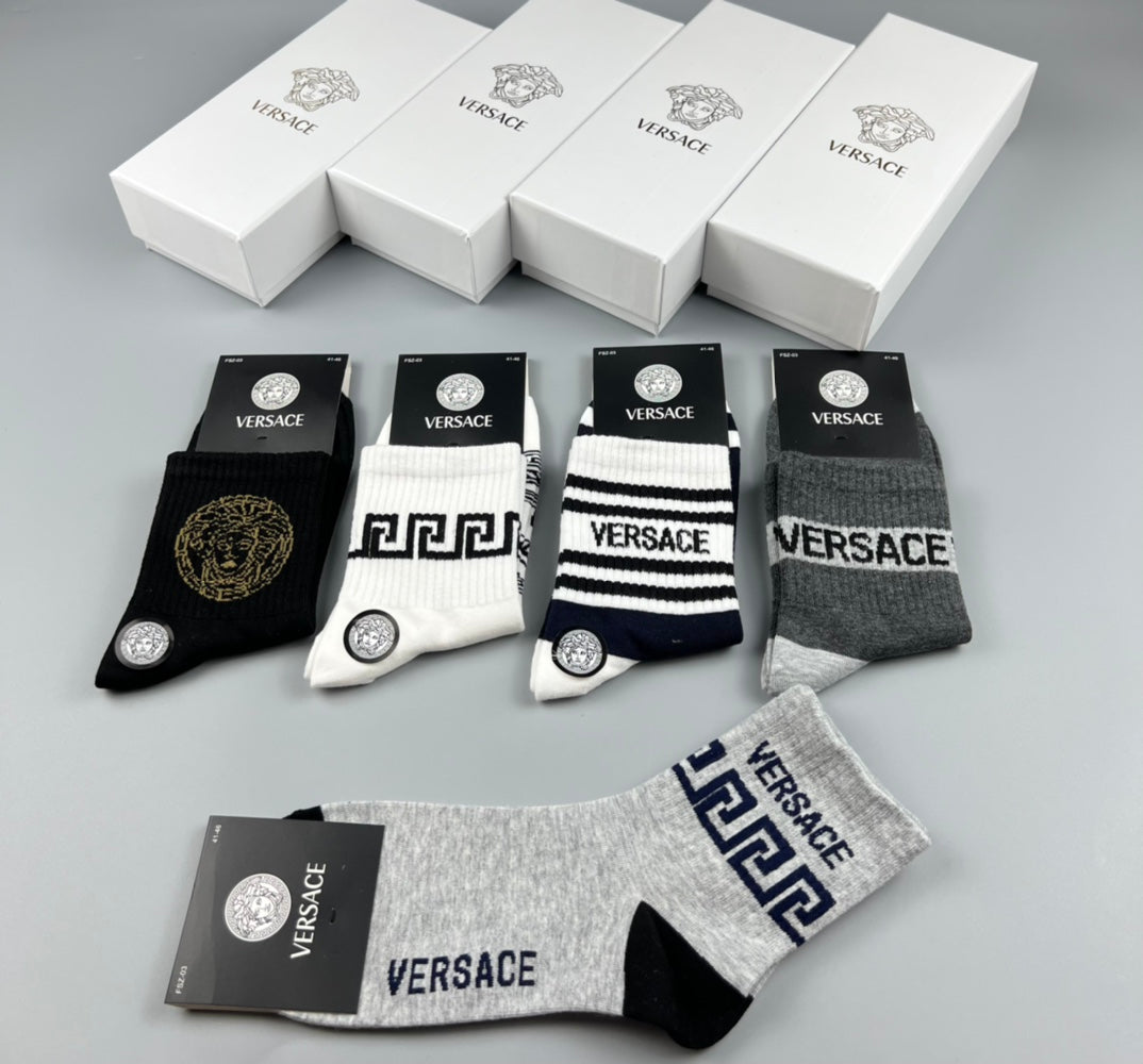 Versace Cotton blend Visible Cuff, Colour And Emblem Details Crew Socks - 5-Pair Set