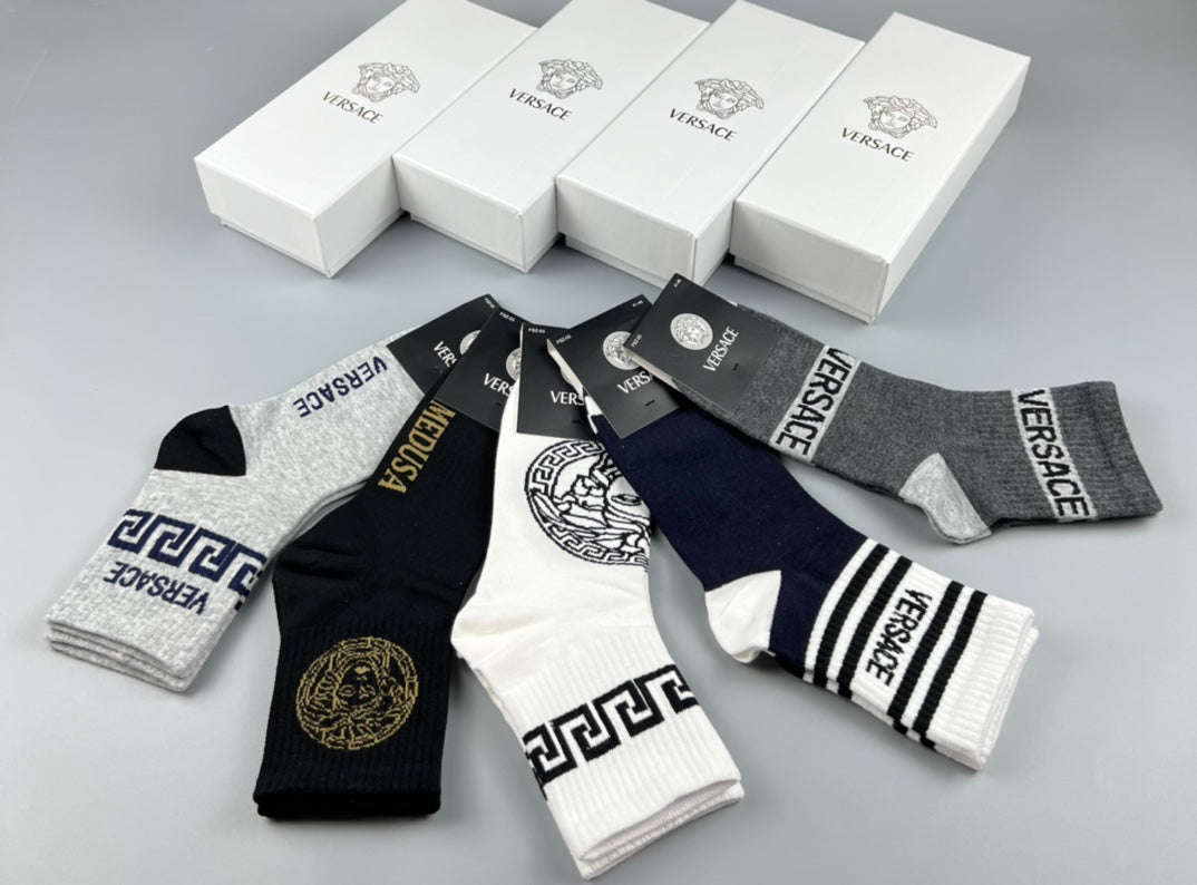 Versace Cotton blend Visible Cuff, Colour And Emblem Details Crew Socks - 5-Pair Set