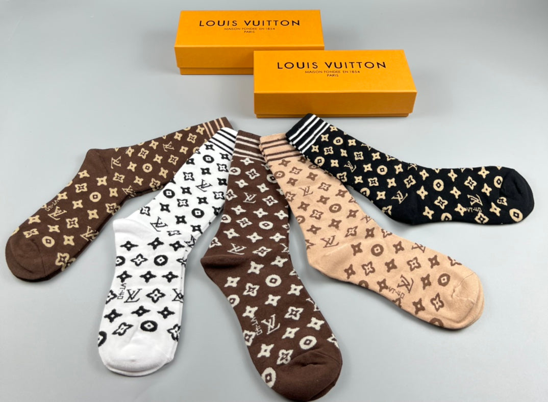 Louis Vuitton Monogram-Style Patterns Crew Socks - 5-Pair Set