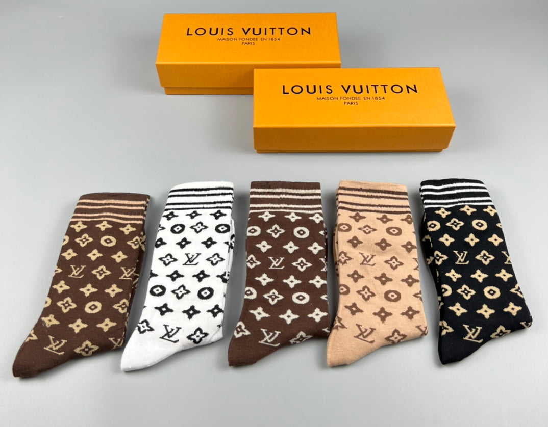 Louis Vuitton Monogram-Style Patterns Crew Socks - 5-Pair Set