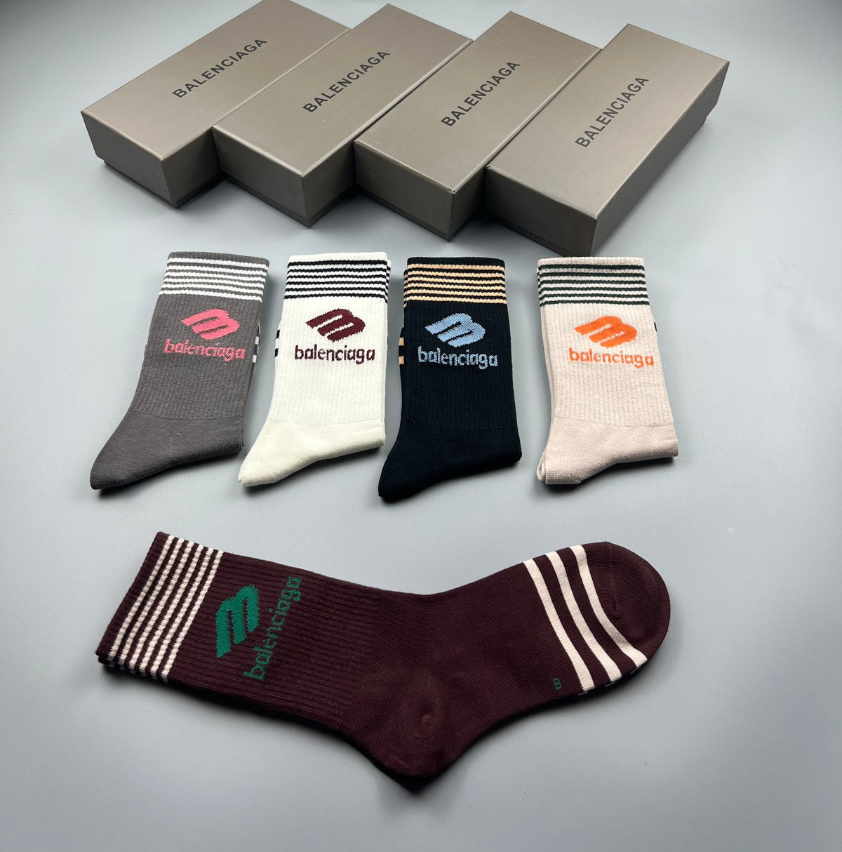 Balenciaga Cotton Stripe And Wordmark Details Crew Socks