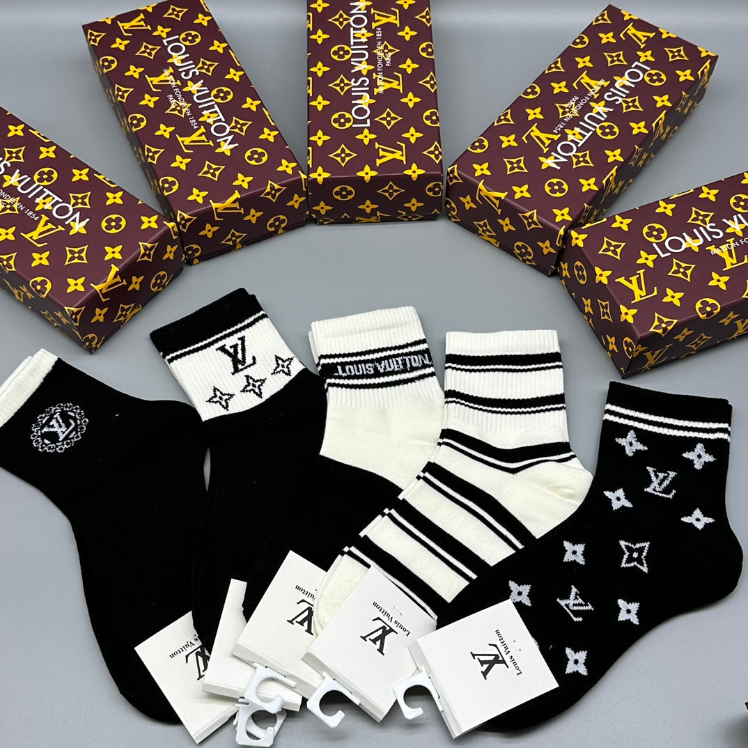 Louis Vuitton Mixed Initial And Stripe Details Crew Socks - 5-Pair Set