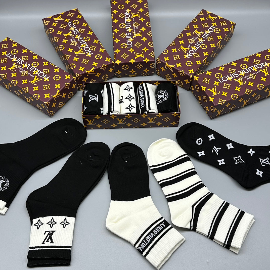 Louis Vuitton Mixed Initial And Stripe Details Crew Socks - 5-Pair Set