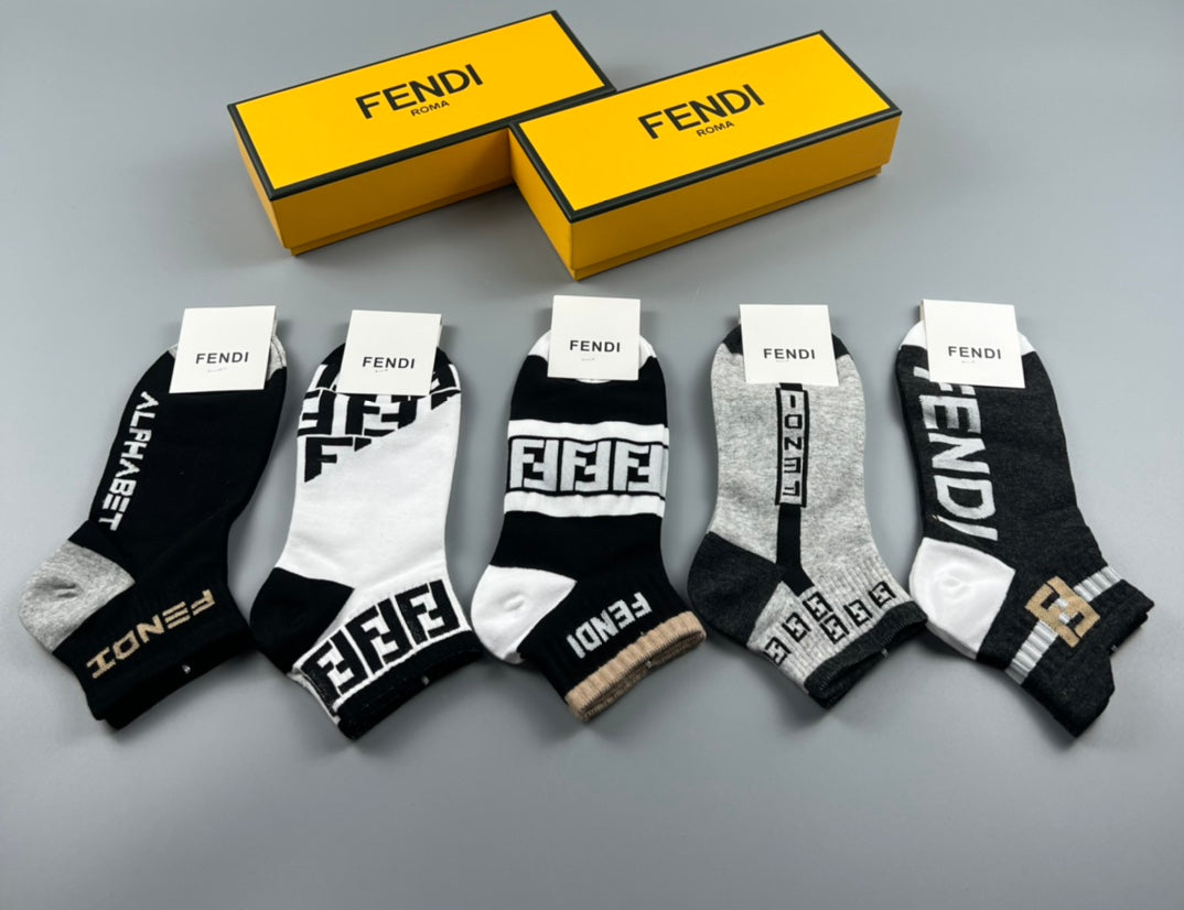 Fendi Cotton Bold Letter-Pattern Details Ankle Socks - 5-Pair Set