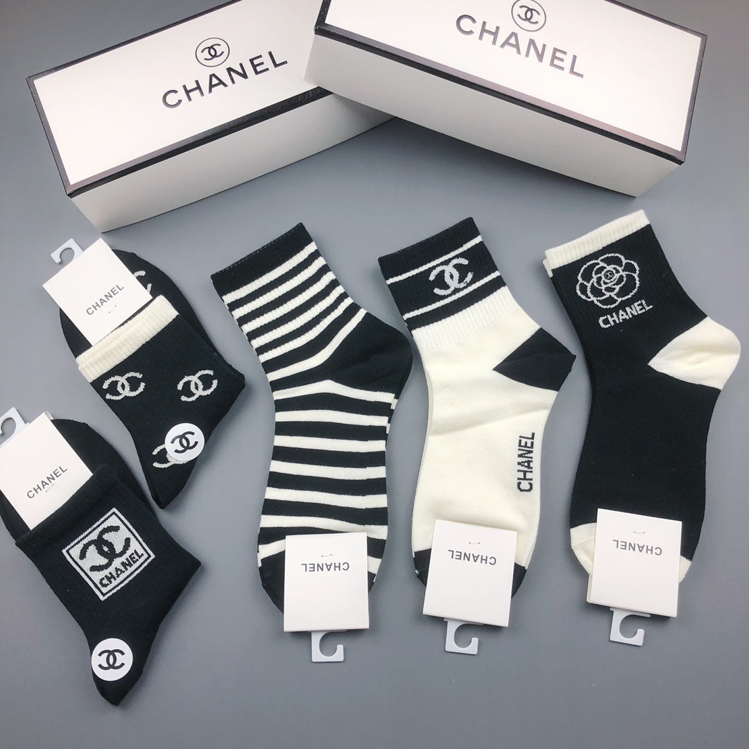 Chanel Stripe And Emblem Details Crew Socks - 5-Pair Set