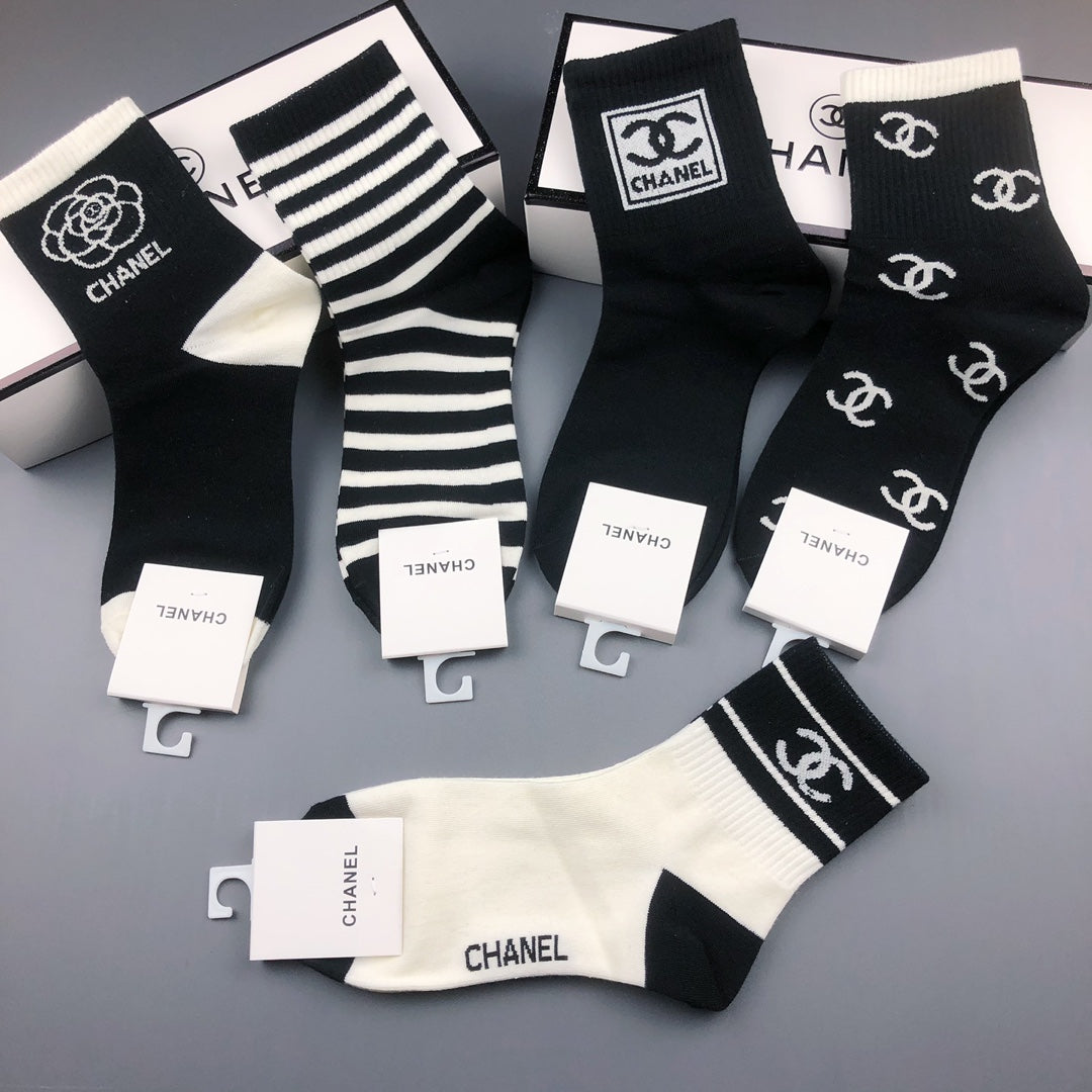Chanel Stripe And Emblem Details Crew Socks - 5-Pair Set