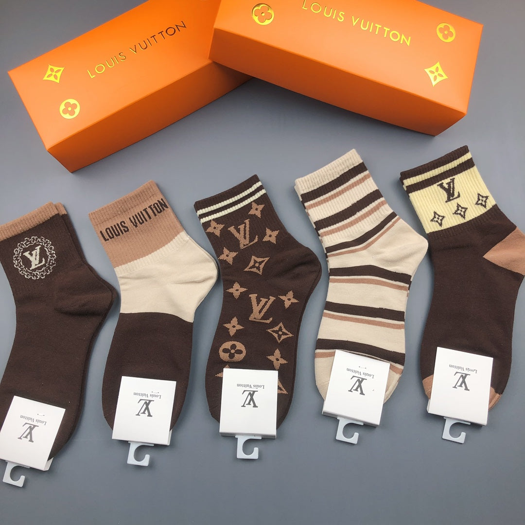 Louis Vuitton Monogram-Style And Striped Designs Crew Socks - 5-Pair Set
