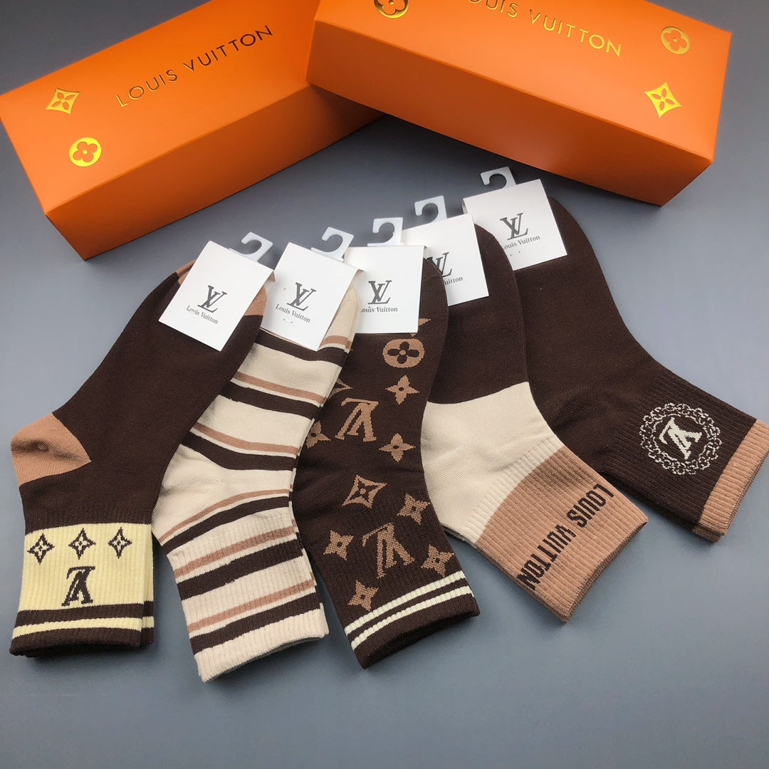 Louis Vuitton Monogram-Style And Striped Designs Crew Socks - 5-Pair Set