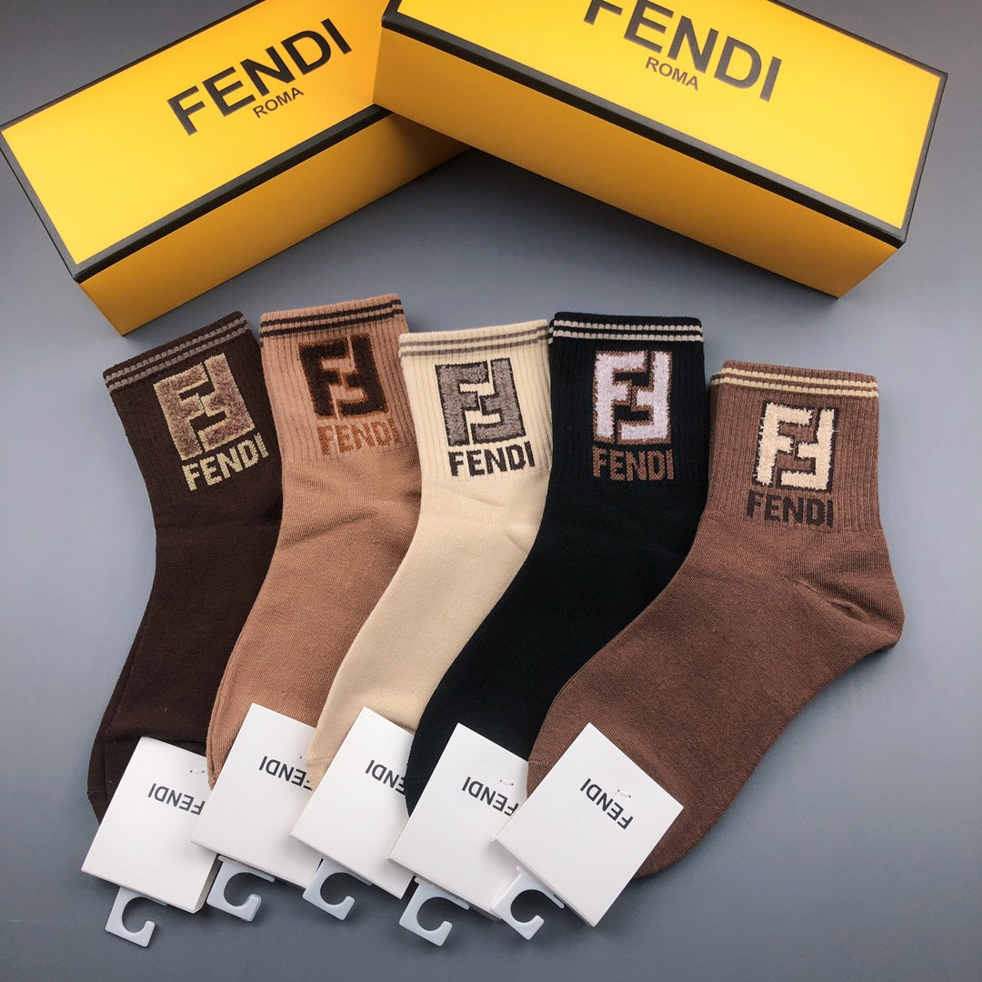 Fendi Cotton Visible Colour, Cuff And Emblem Details Crew Socks - 5-Pair Set